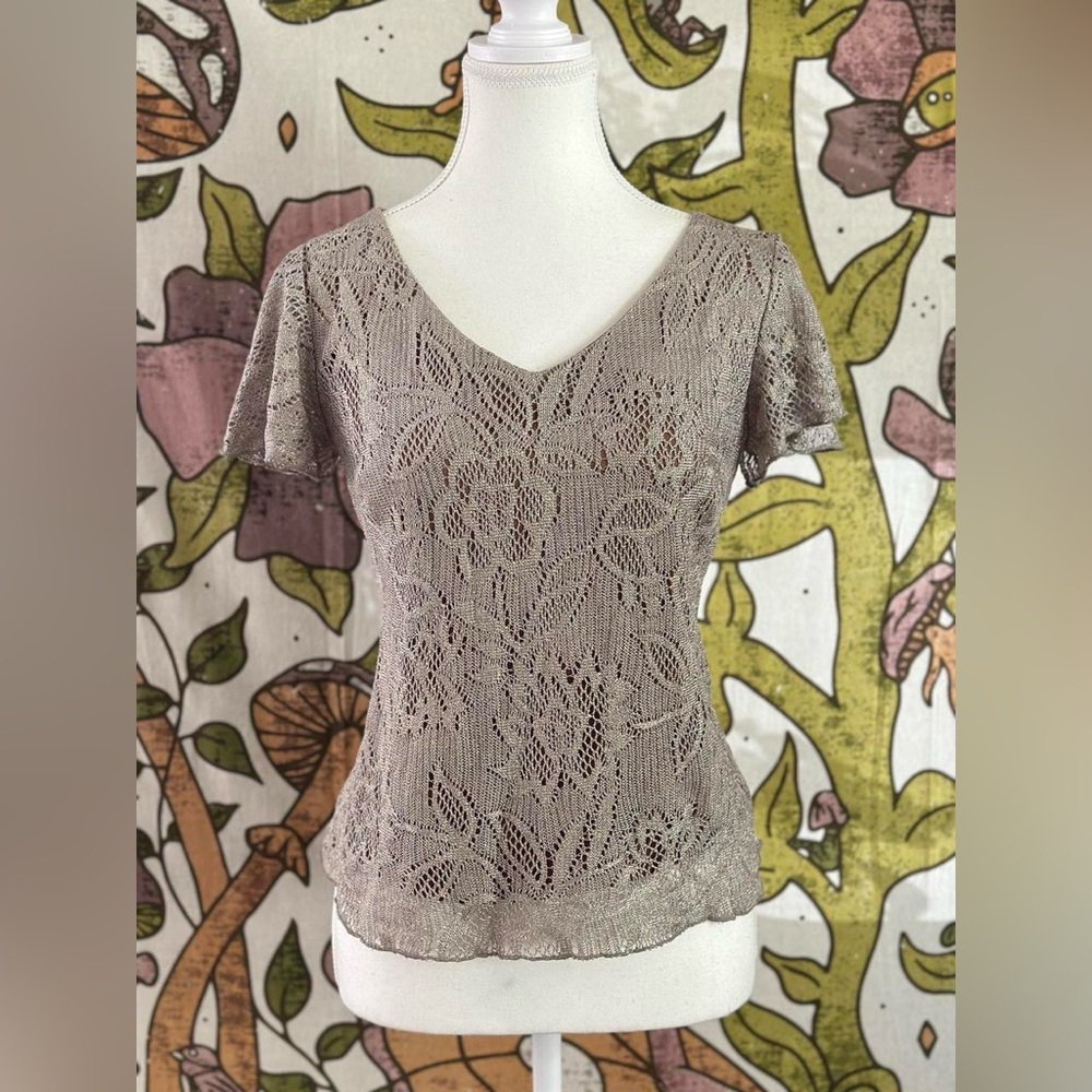 MSK Metallic Lace Knit Blouse Taupe Brown Size S Made USA